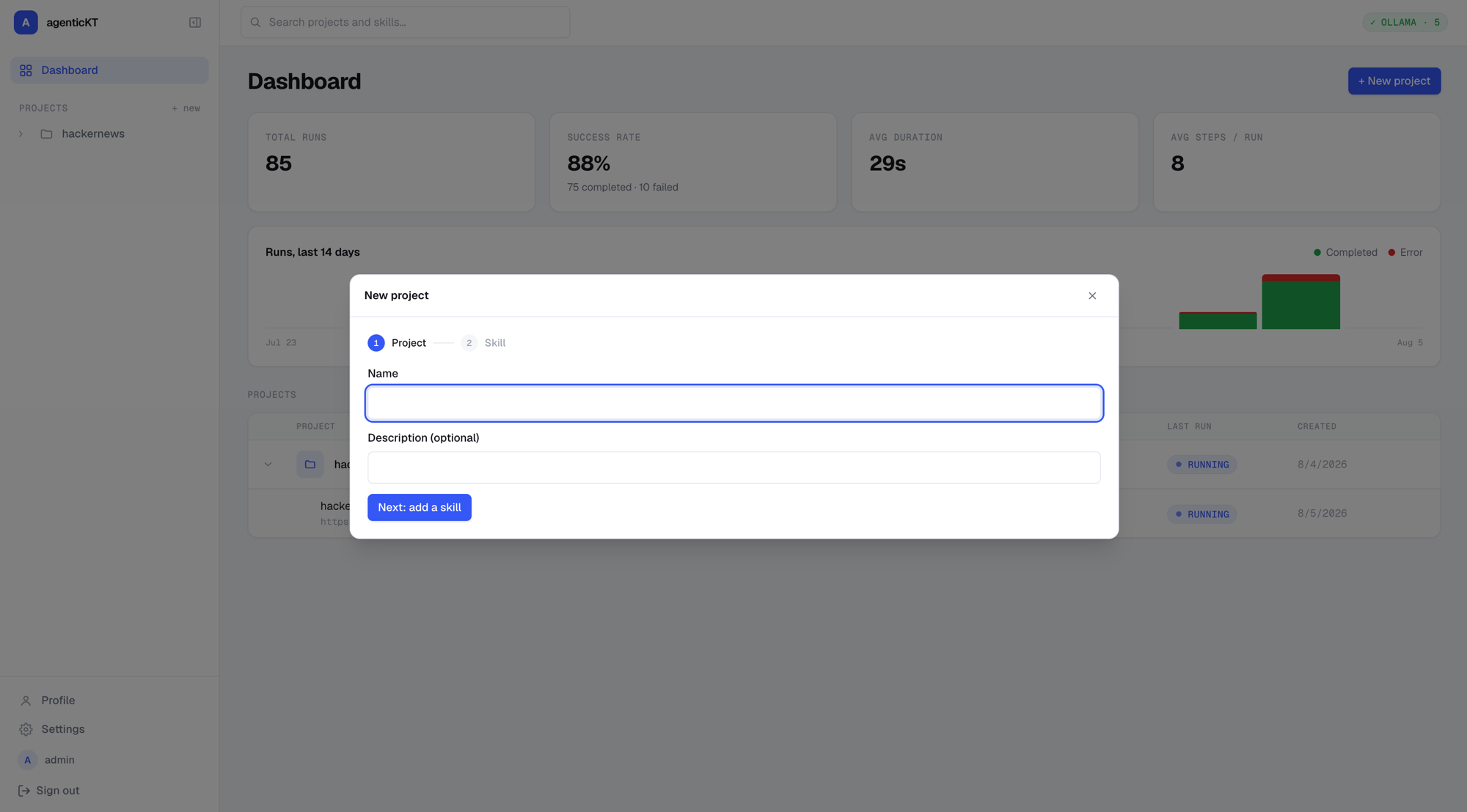 Dashboard with the New Project dialog open