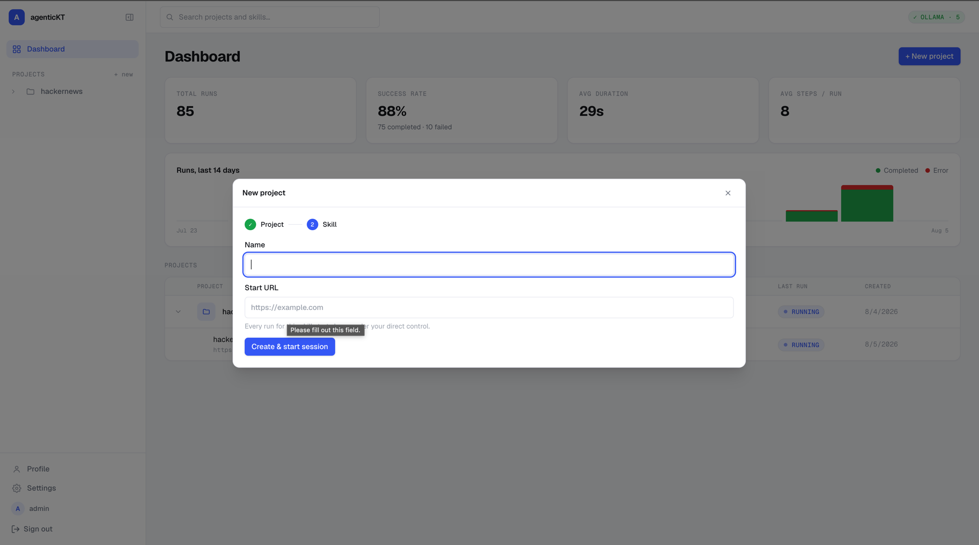 Naming the skill and setting its start URL