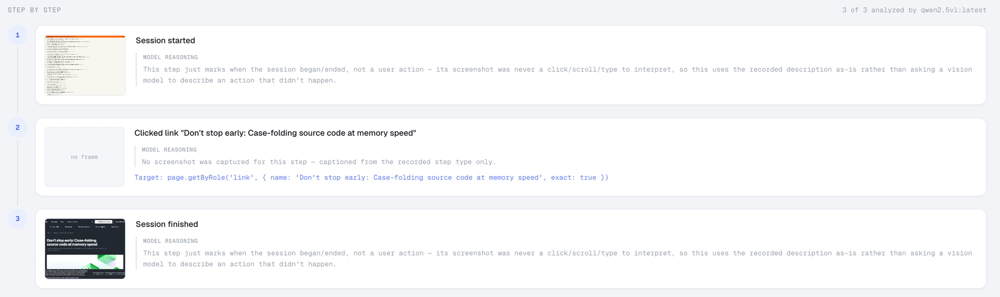 Step-by-step model reasoning for each action