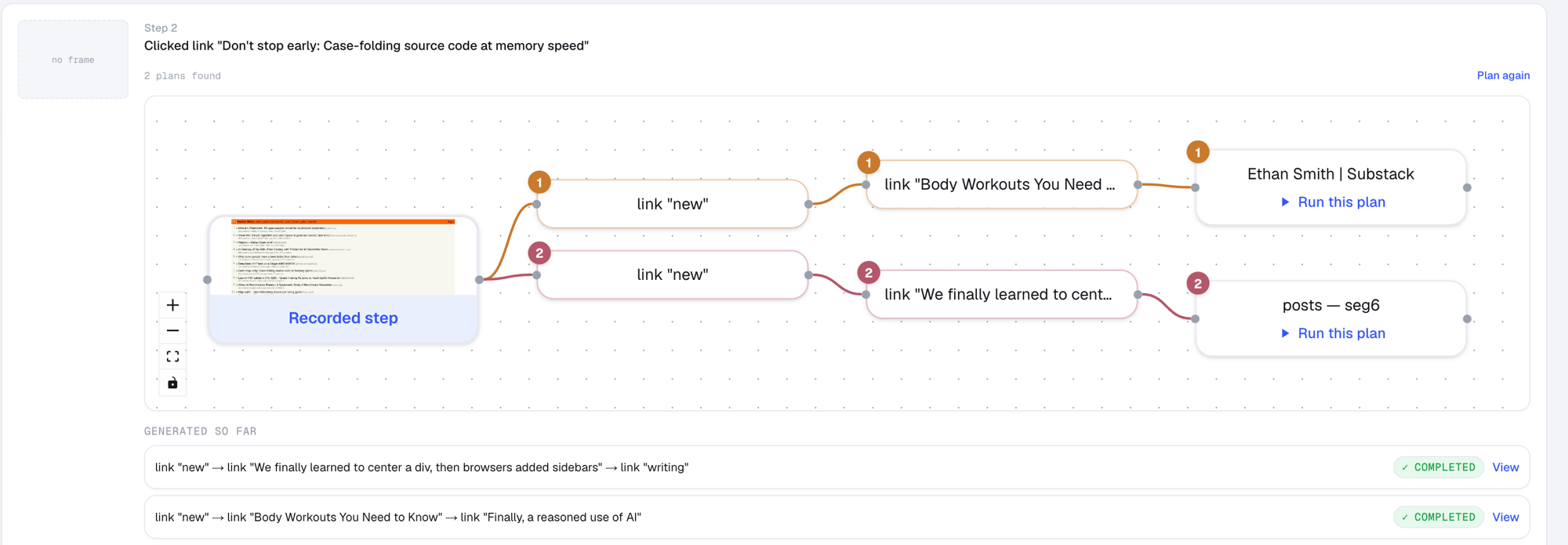 Planning alternative tasks branching from a recorded step
