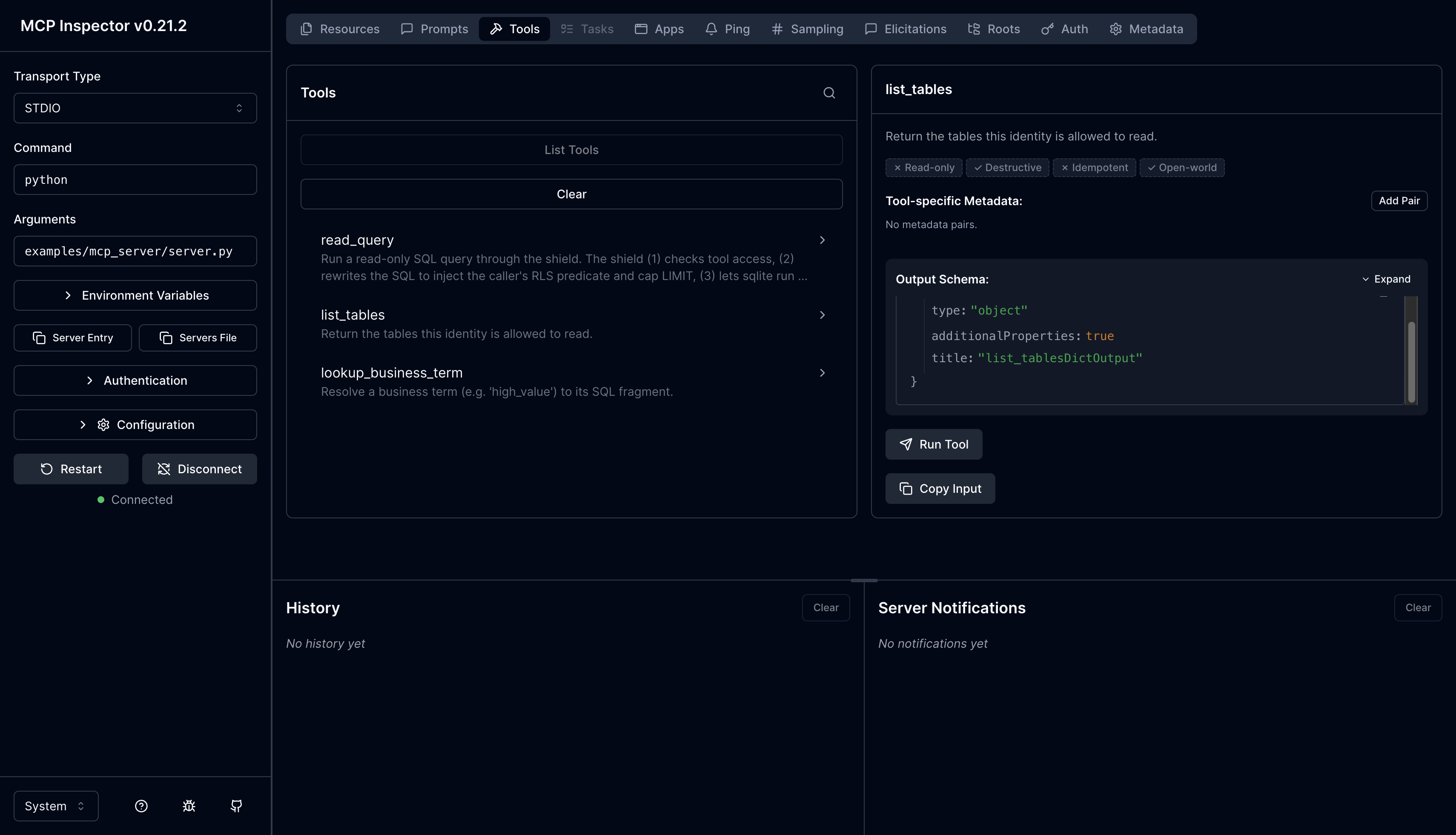 MCP Inspector: list_tables tool selected