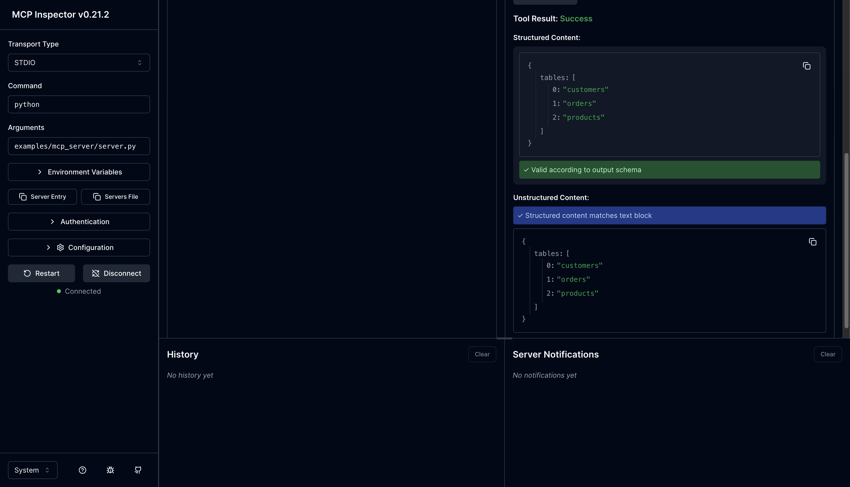 MCP Inspector: list_tables result showing customers, orders, products
